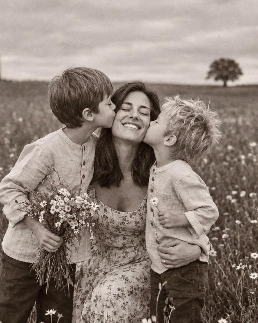 A mother kneeling in a meadow while her two children kiss her cheeks